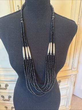 Chico's Black Multi-Strand Beaded Necklace with Silver Tubes
